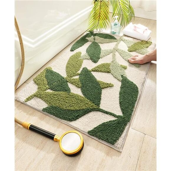 Green Leaves Bath Mats Bathroom Rugs Non-Slip Soft Microfiber Absorbent Machine - Picture 4 of 8